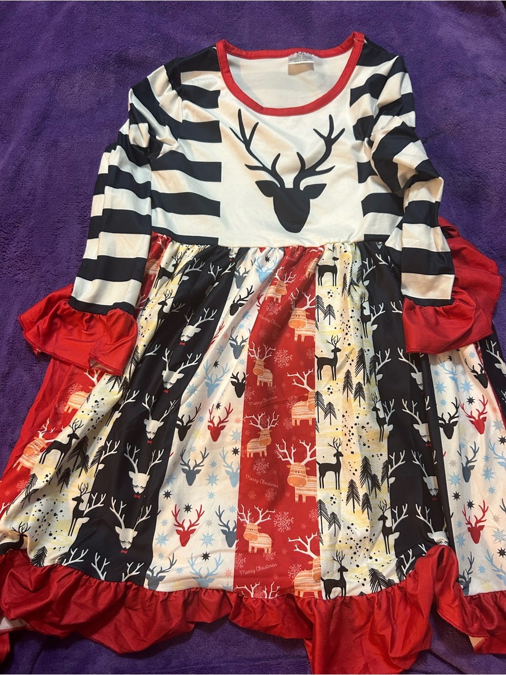 Girls Reindeer Stripe Holiday Dress with Red Trim